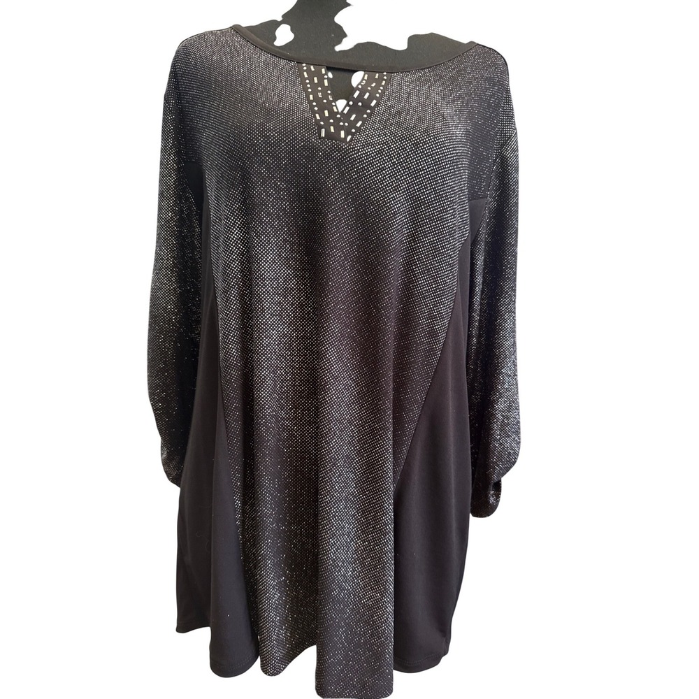 Kim Rogers Womens Black Silver Metallic Dot Embellished V-Neck Tunic Top Large